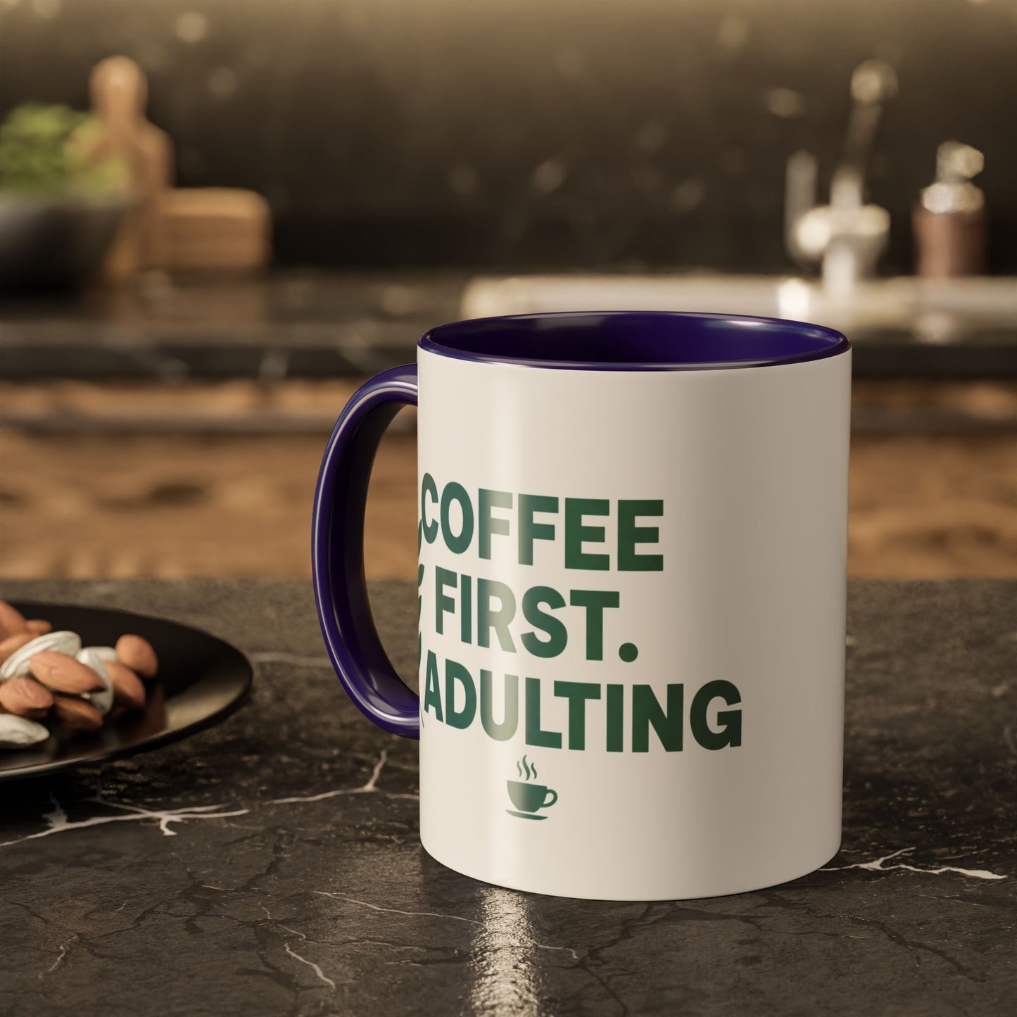 Funny Coffee Mug "Coffee First, Adulting Later" Color Accent Ceramic Mug