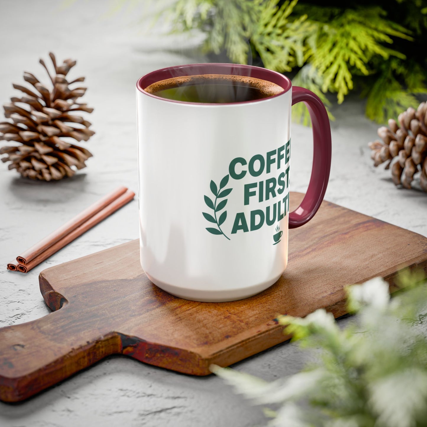 Funny Coffee Mug "Coffee First, Adulting Later" Color Accent Ceramic Mug