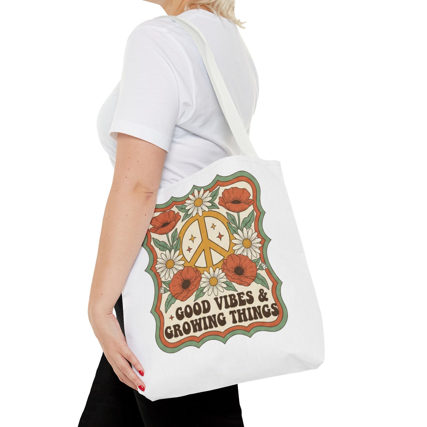 🌿 Retro Floral Tote Bag – “Good Vibes & Growing Things