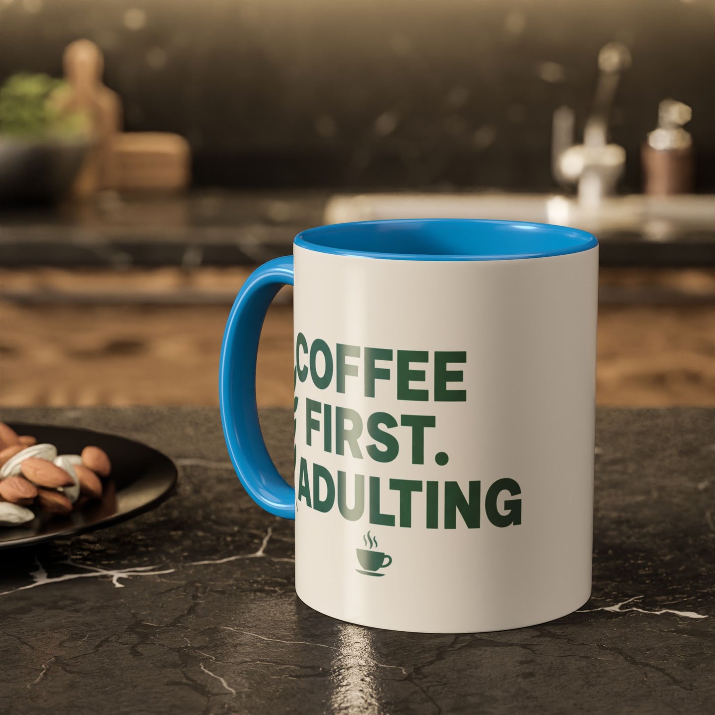 Funny Coffee Mug "Coffee First, Adulting Later" Color Accent Ceramic Mug