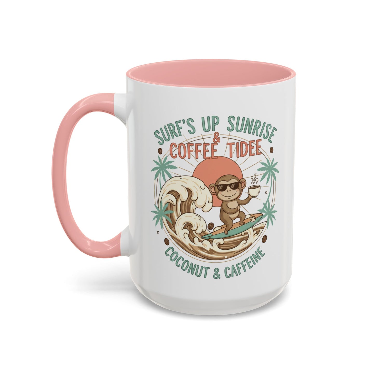 Coffee Mug “Surf’s Up Sunrise: Coconut & Caffeine” Tropical Surf Monkey Accent Mug