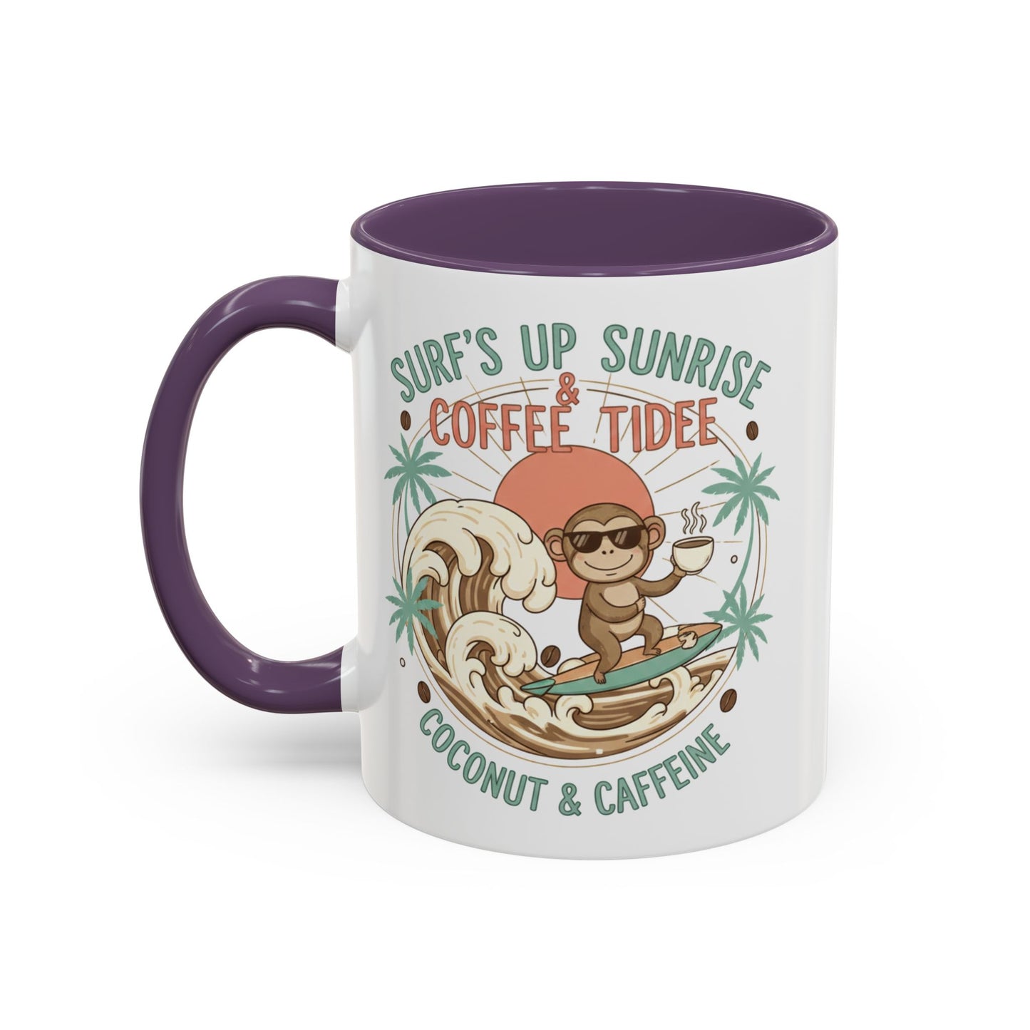 Coffee Mug “Surf’s Up Sunrise: Coconut & Caffeine” Tropical Surf Monkey Accent Mug