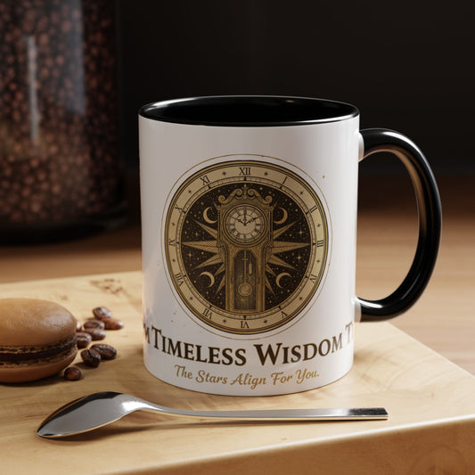 Timeless Wisdom Coffee Mug  Celestial Clock Accent Ceramic Mug