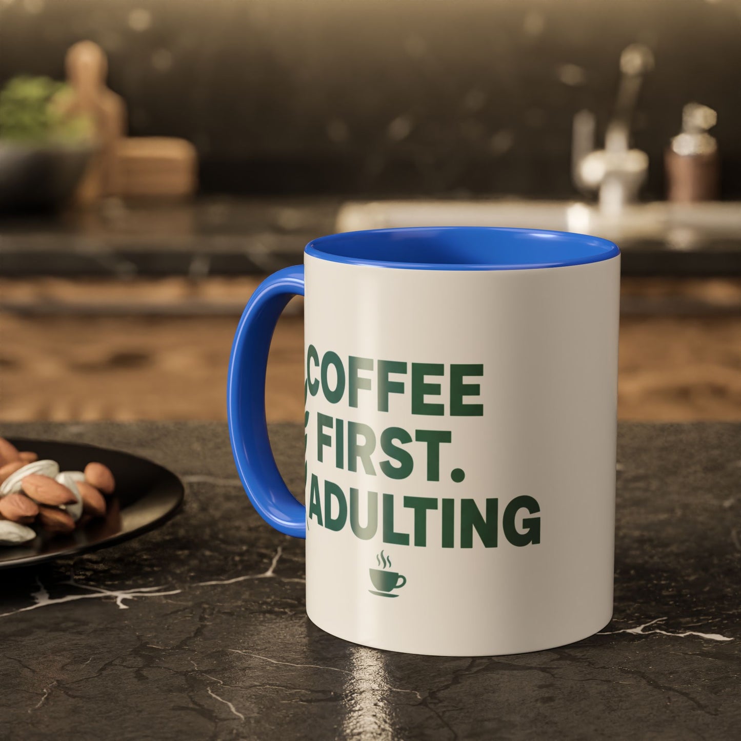 Funny Coffee Mug "Coffee First, Adulting Later" Color Accent Ceramic Mug