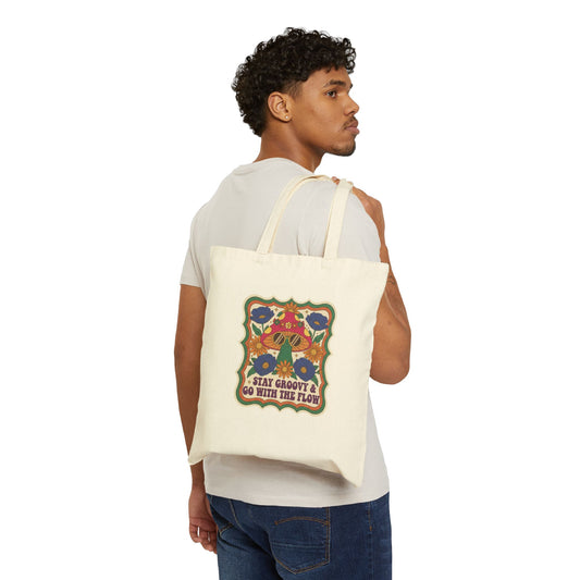 Retro Mushroom Stay Groovy Tote Bag | 70s Vintage Boho Floral Canvas Bag | Hippie Aesthetic Mushroom Lover Gift