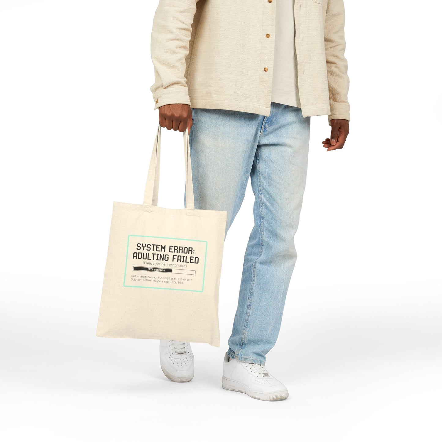 System Error: Adulting Failed Tote Bag | Funny Millennial Humor Canvas Bag | Retro Tech Aesthetic Student Gift