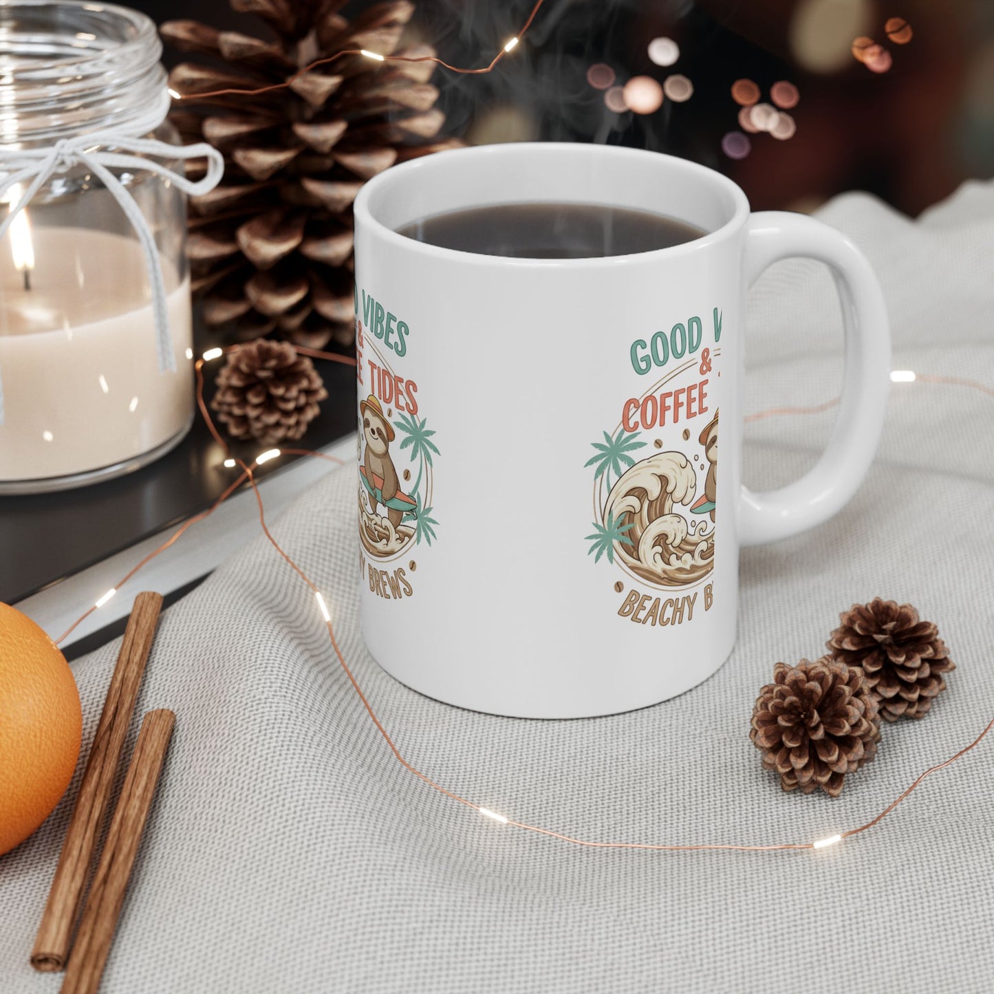 Good Vibes & Coffee Tides Ceramic Mug Beachy Brews Sloth Coffee Cup