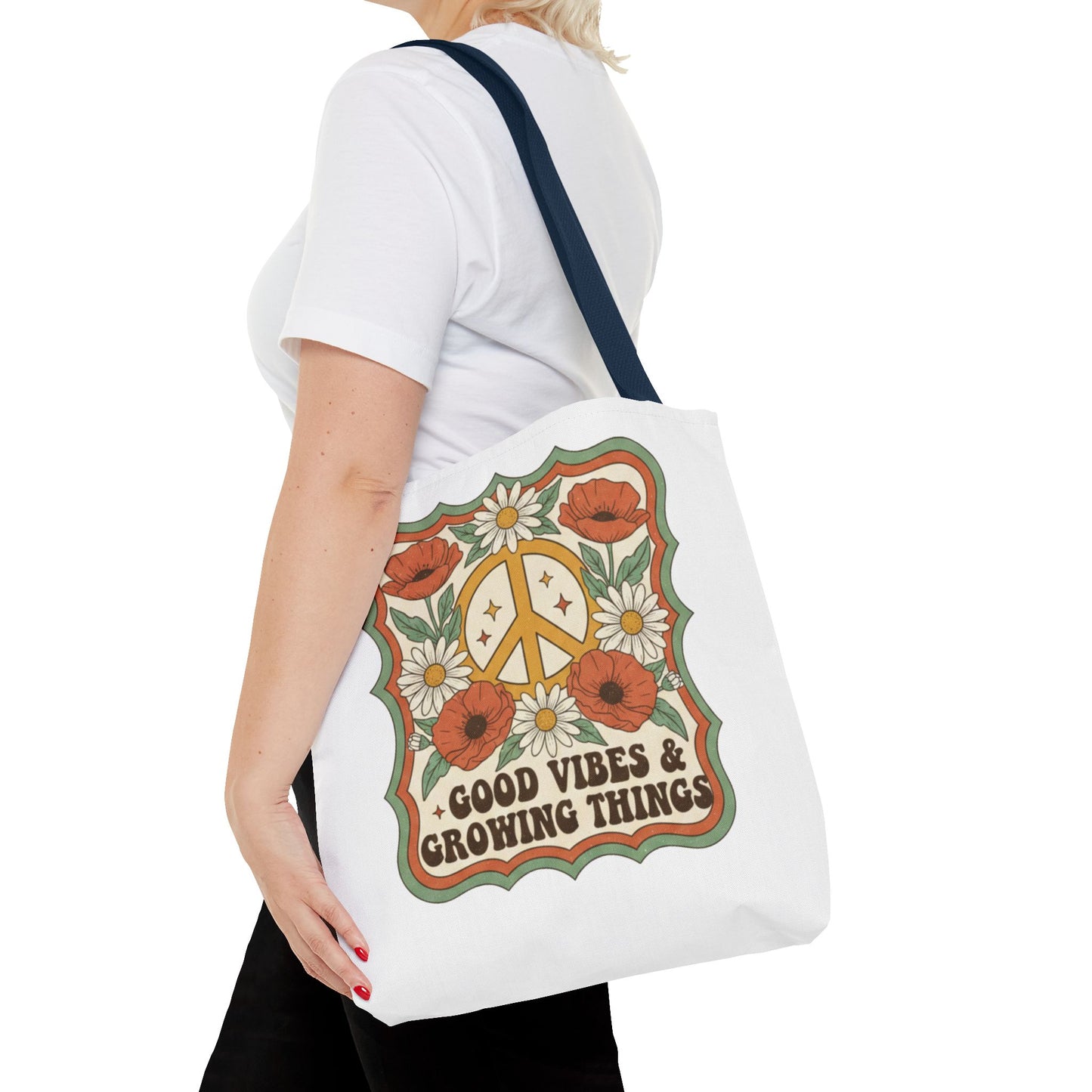 🌿 Retro Floral Tote Bag – “Good Vibes & Growing Things