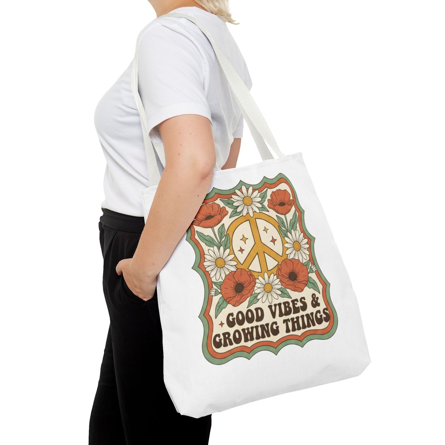 🌿 Retro Floral Tote Bag – “Good Vibes & Growing Things