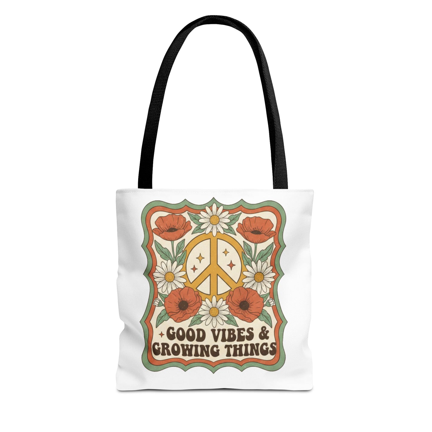 🌿 Retro Floral Tote Bag – “Good Vibes & Growing Things