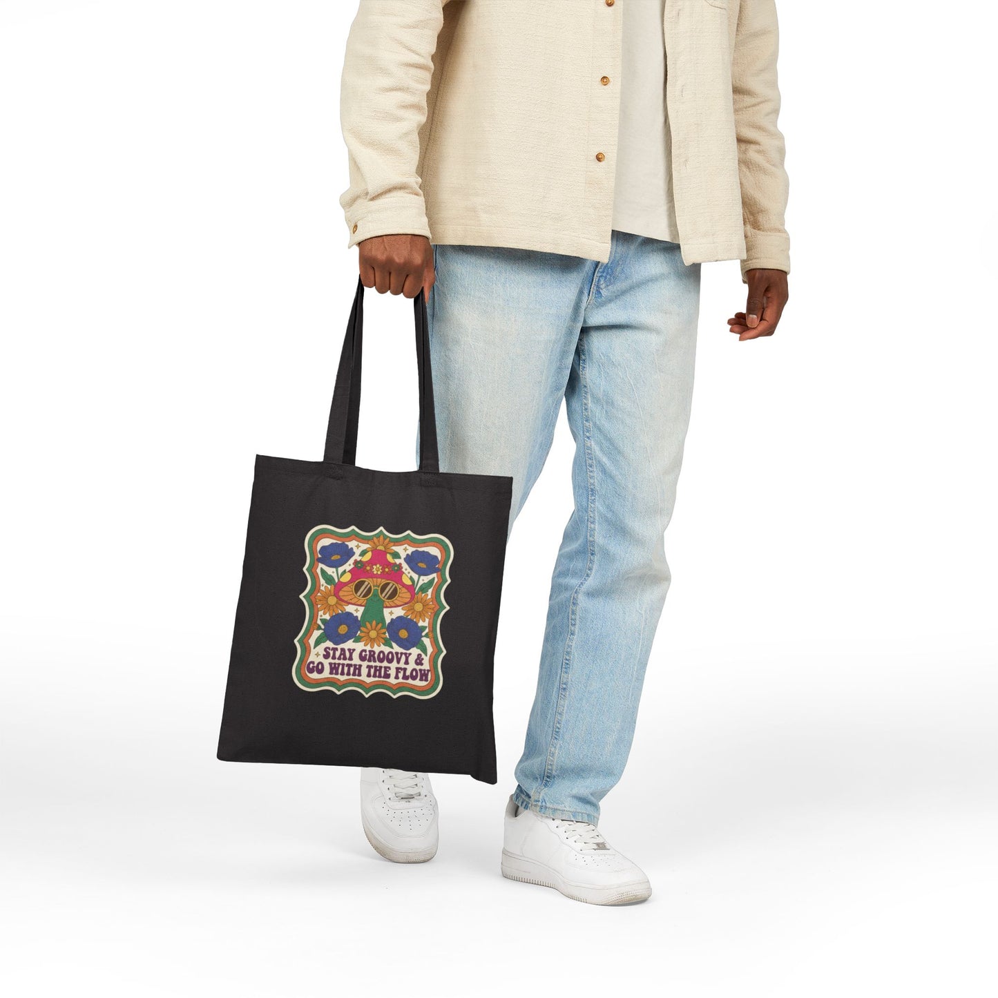 Retro Mushroom Canvas Tote Bag | 70s Vintage Boho Floral Gift