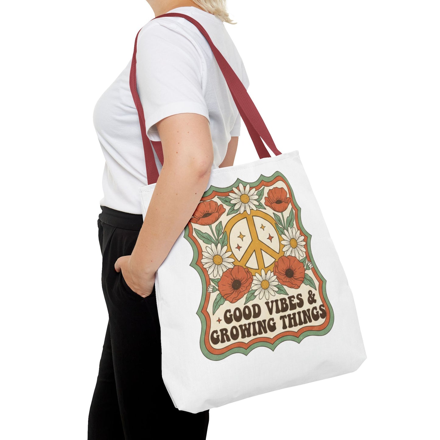 🌿 Retro Floral Tote Bag – “Good Vibes & Growing Things