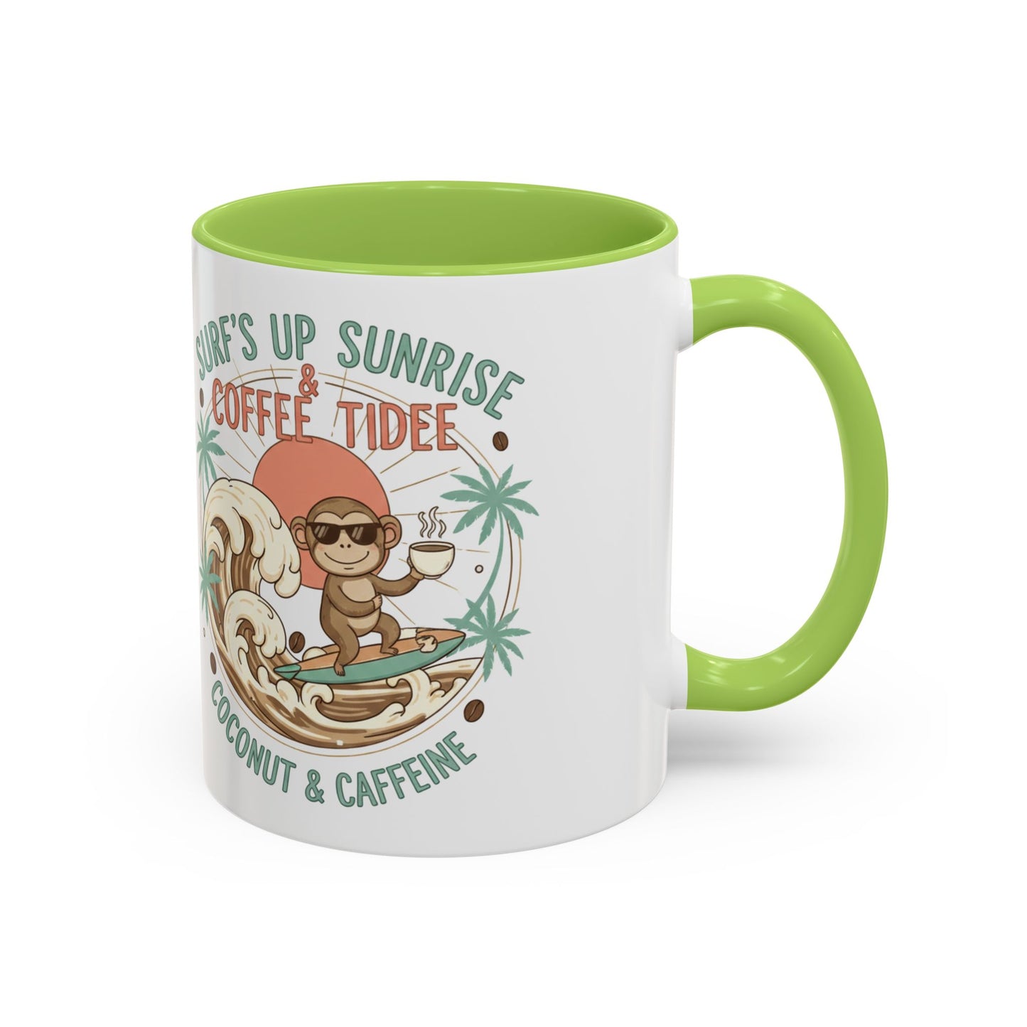 Coffee Mug “Surf’s Up Sunrise: Coconut & Caffeine” Tropical Surf Monkey Accent Mug