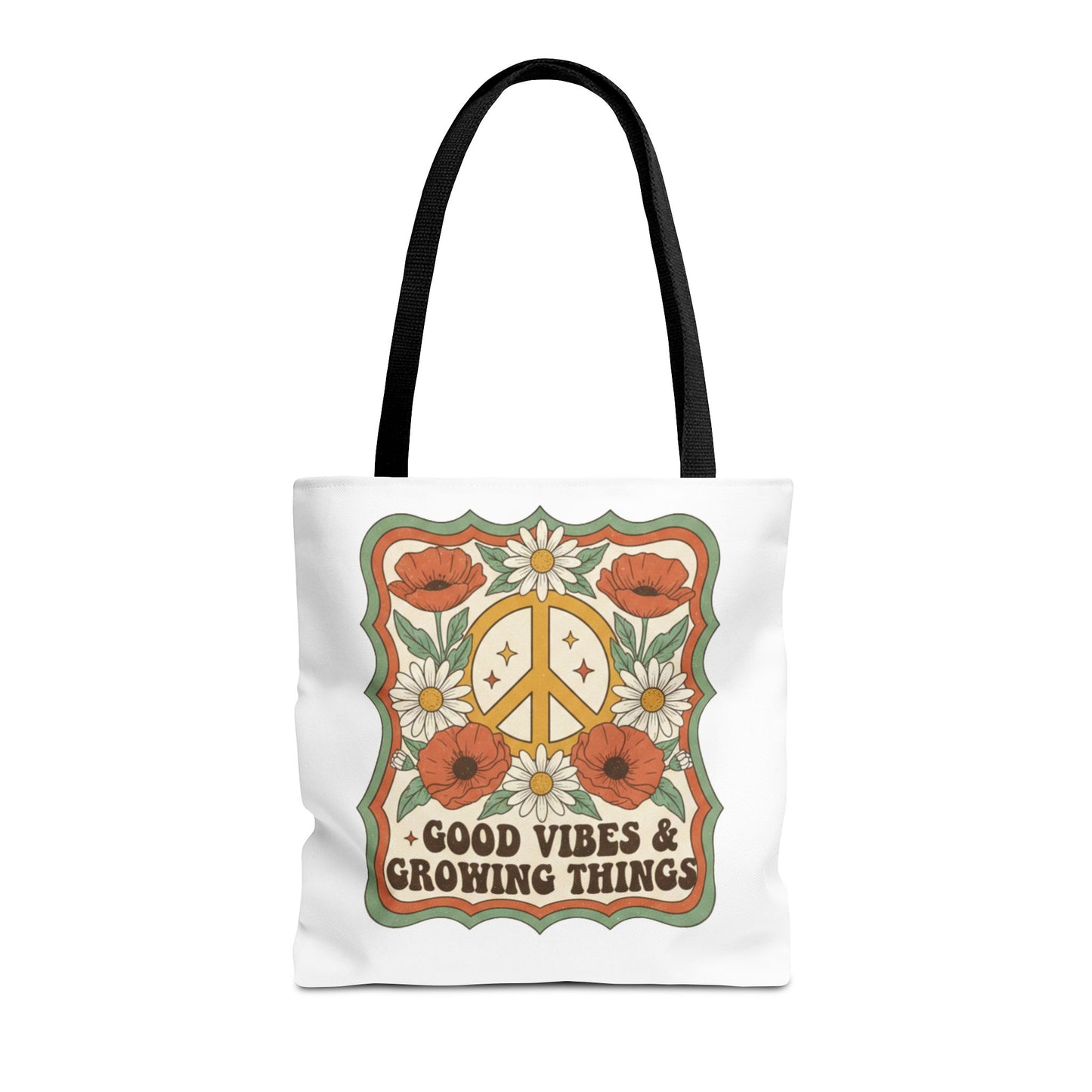 🌿 Retro Floral Tote Bag – “Good Vibes & Growing Things