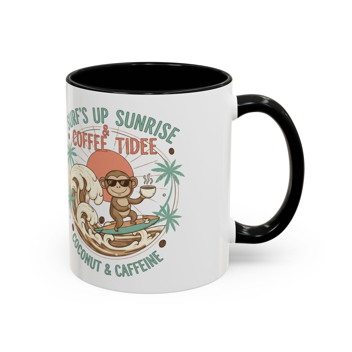 Coffee Mug “Surf’s Up Sunrise: Coconut & Caffeine” Tropical Surf Monkey Accent Mug