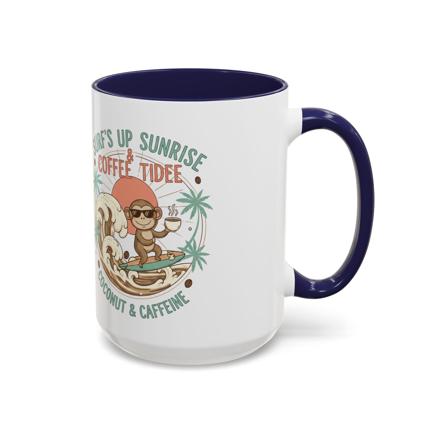 Coffee Mug “Surf’s Up Sunrise: Coconut & Caffeine” Tropical Surf Monkey Accent Mug