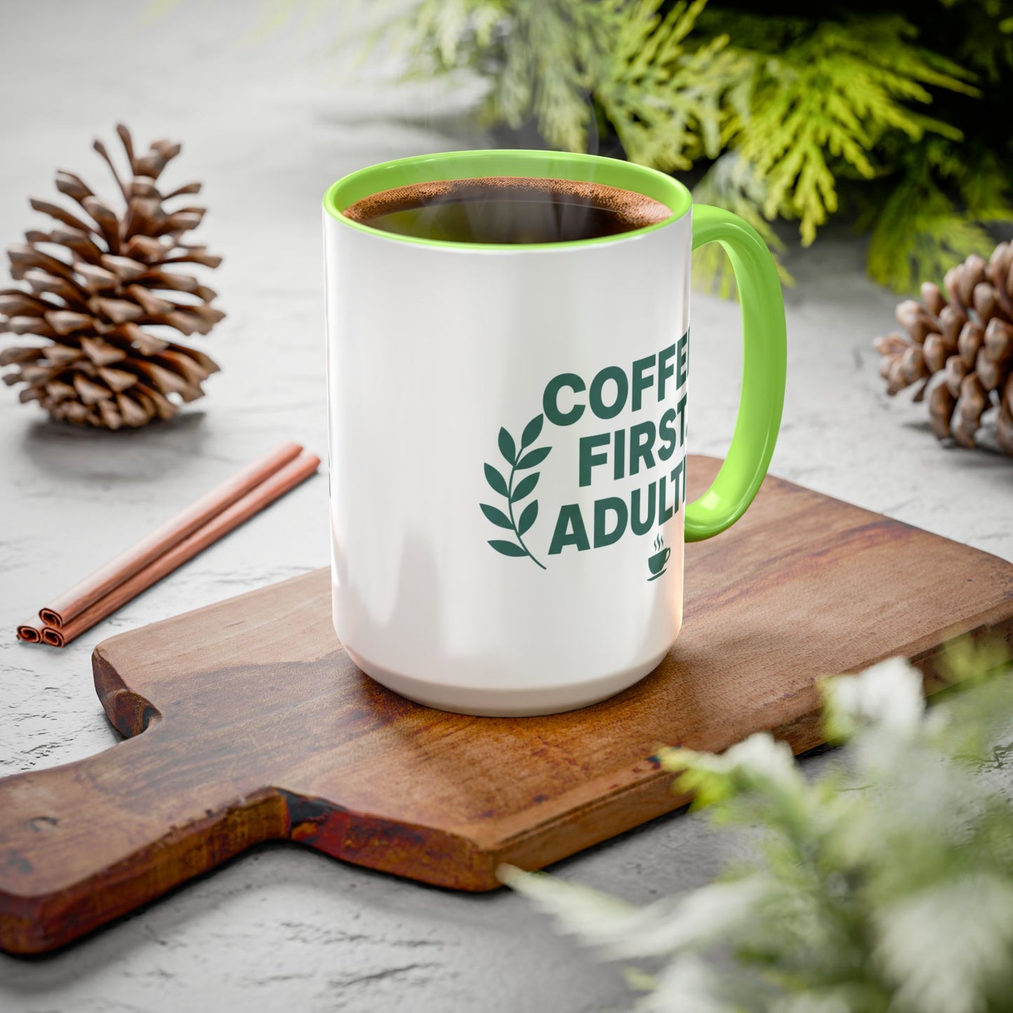 Funny Coffee Mug "Coffee First, Adulting Later" Color Accent Ceramic Mug
