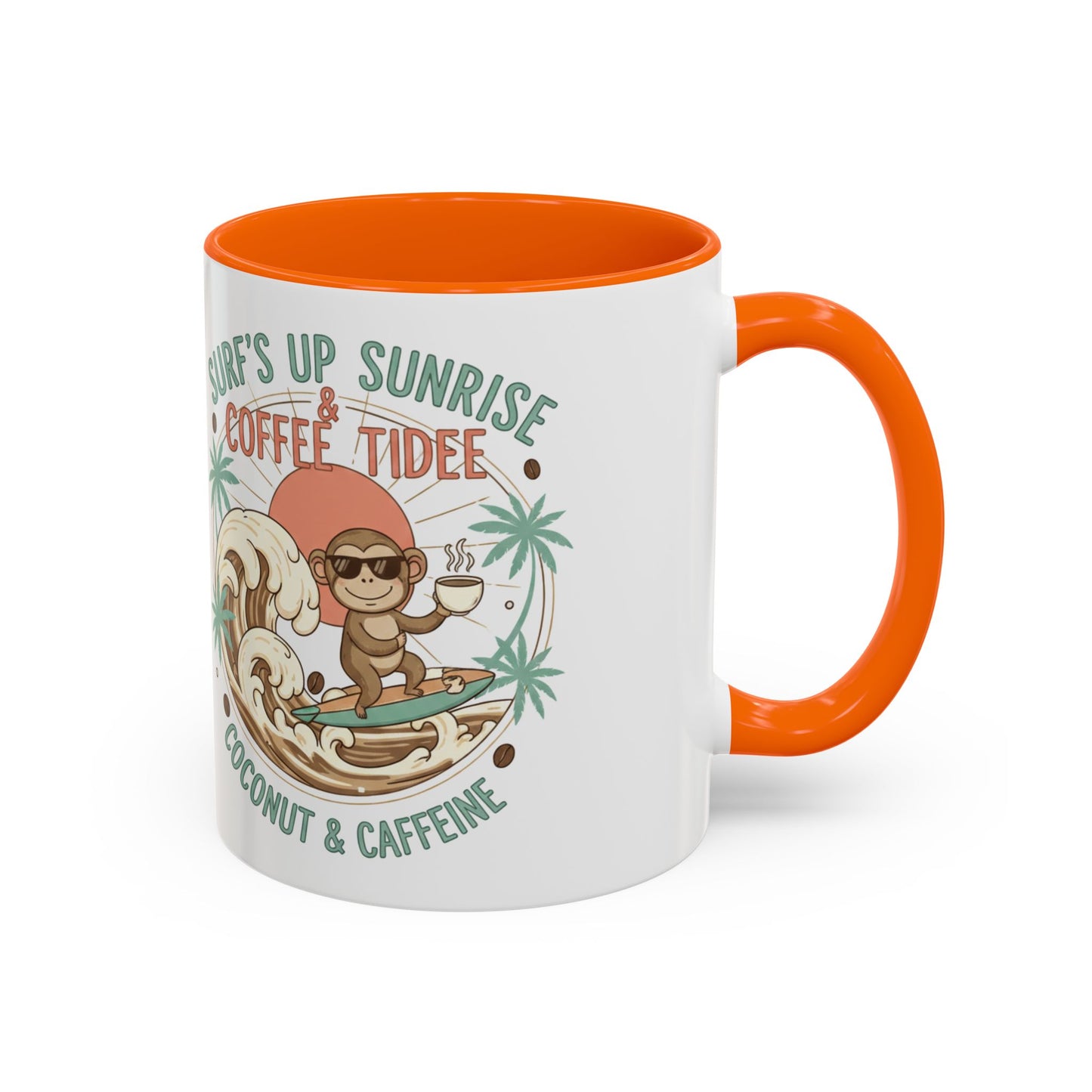 Coffee Mug “Surf’s Up Sunrise: Coconut & Caffeine” Tropical Surf Monkey Accent Mug