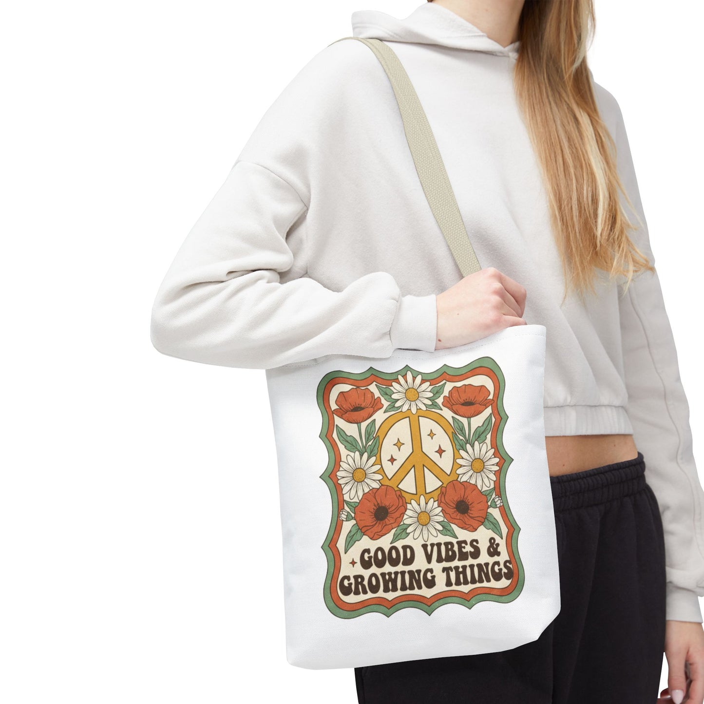 🌿 Retro Floral Tote Bag – “Good Vibes & Growing Things