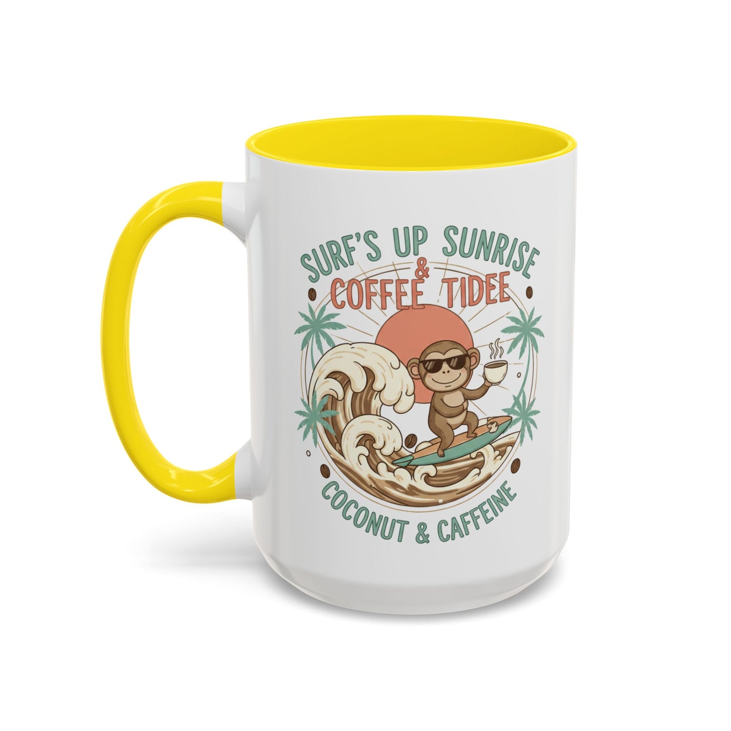 Coffee Mug “Surf’s Up Sunrise: Coconut & Caffeine” Tropical Surf Monkey Accent Mug
