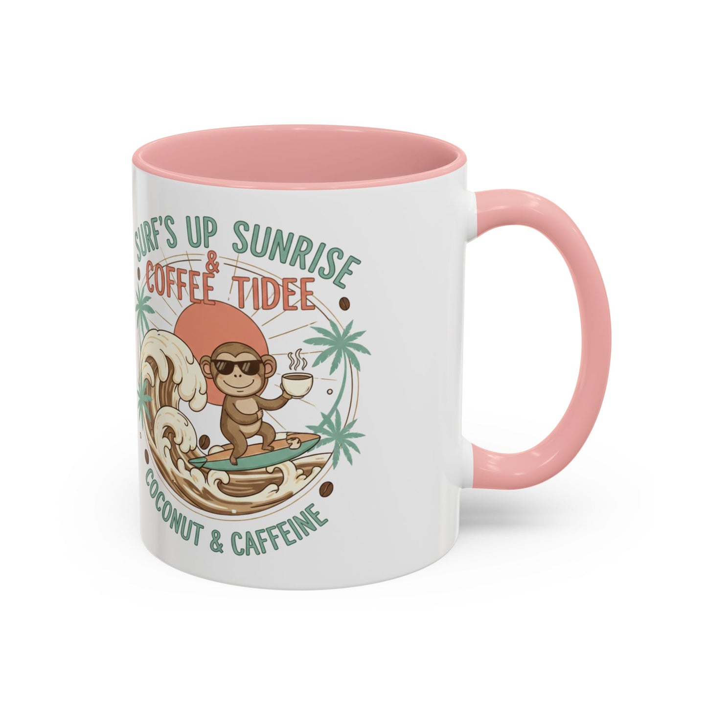Coffee Mug “Surf’s Up Sunrise: Coconut & Caffeine” Tropical Surf Monkey Accent Mug