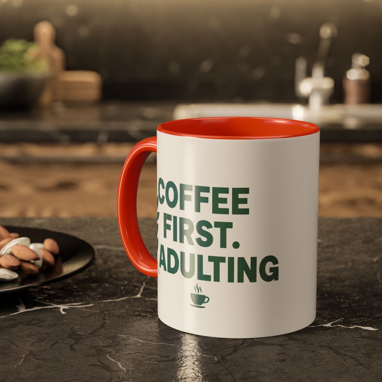 Funny Coffee Mug "Coffee First, Adulting Later" Color Accent Ceramic Mug