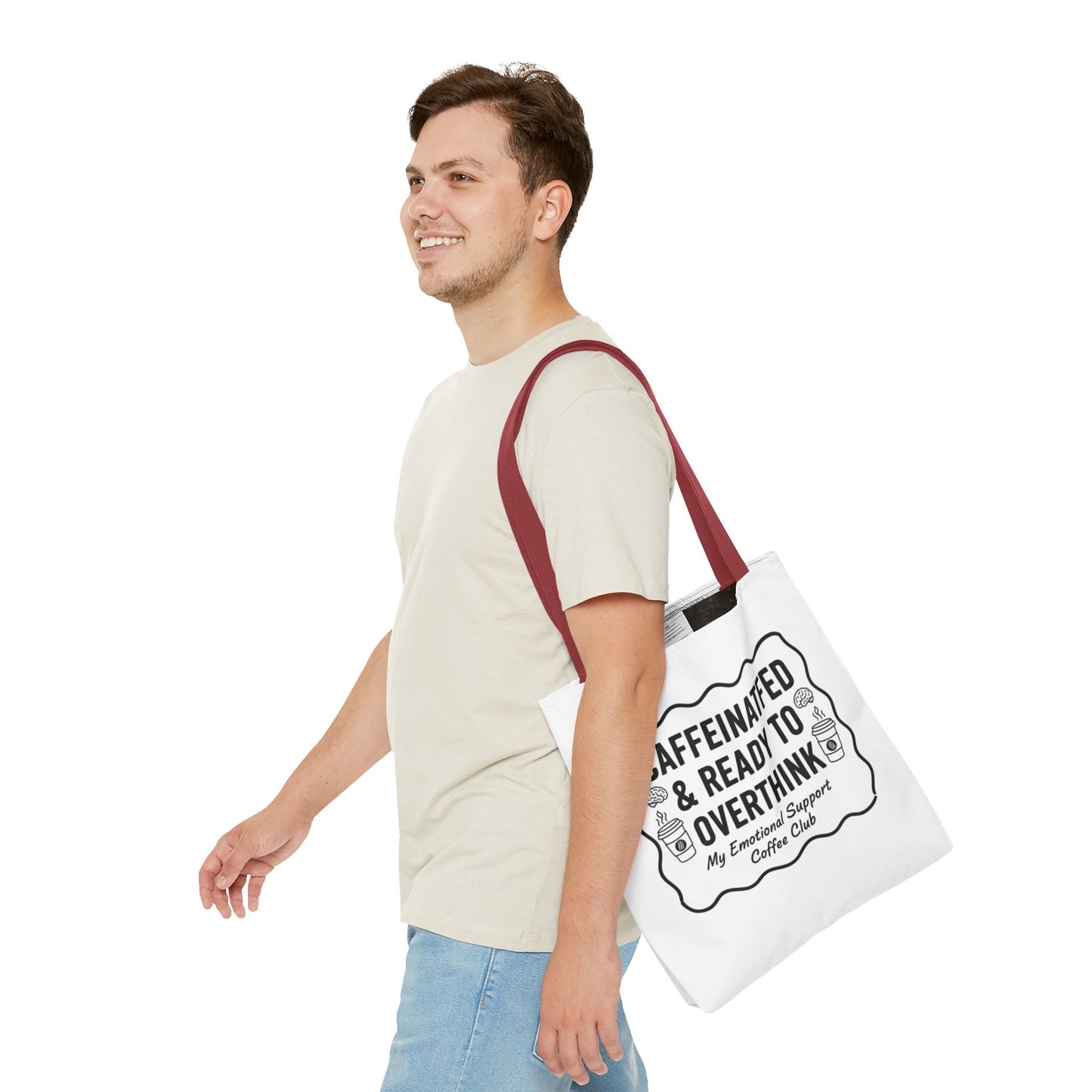 Caffeinated & Ready to Overthink Tote Bag | Funny Coffee Lover Gift | Sarcastic Aesthetic Canvas Tote for Students