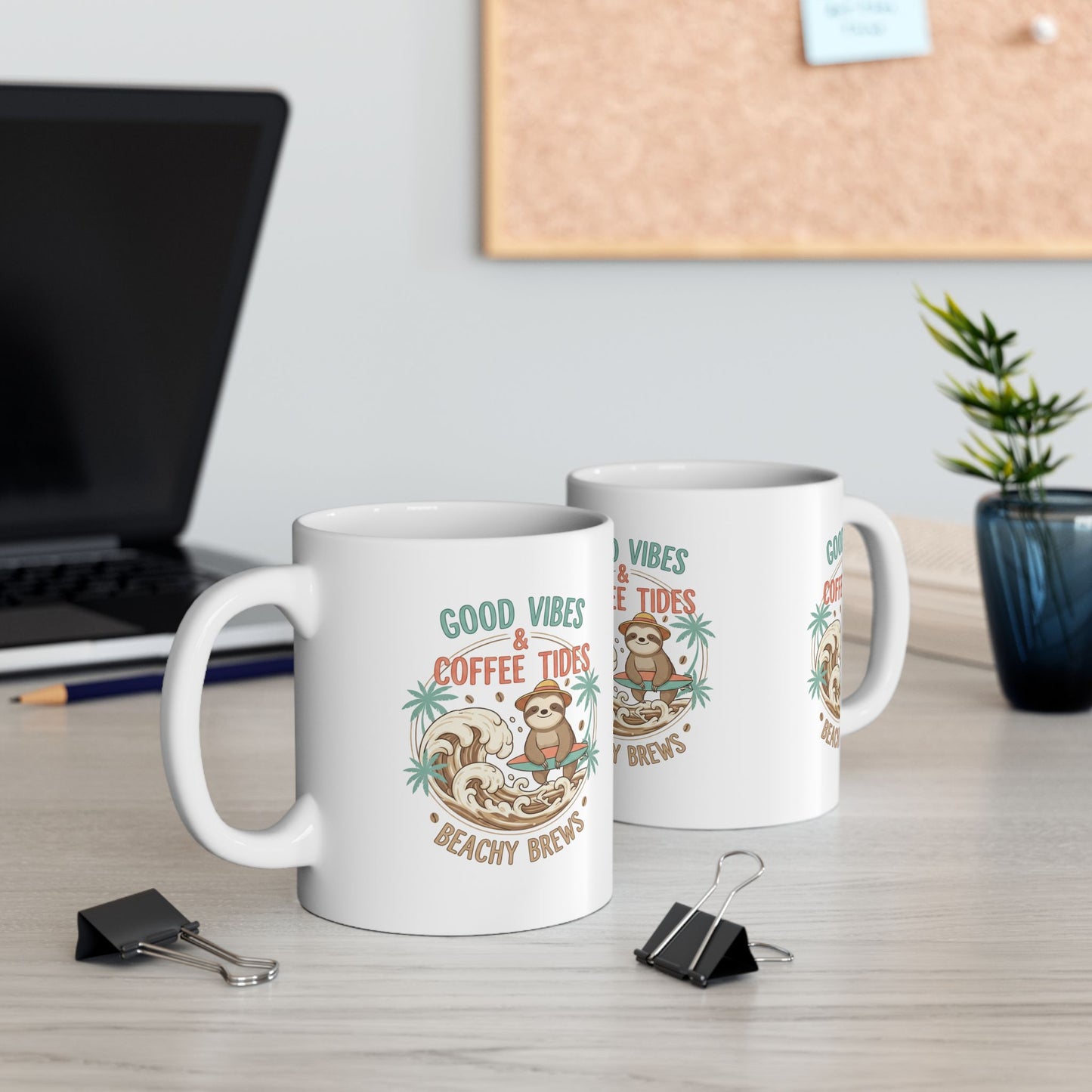 Good Vibes & Coffee Tides Ceramic Mug Beachy Brews Sloth Coffee Cup