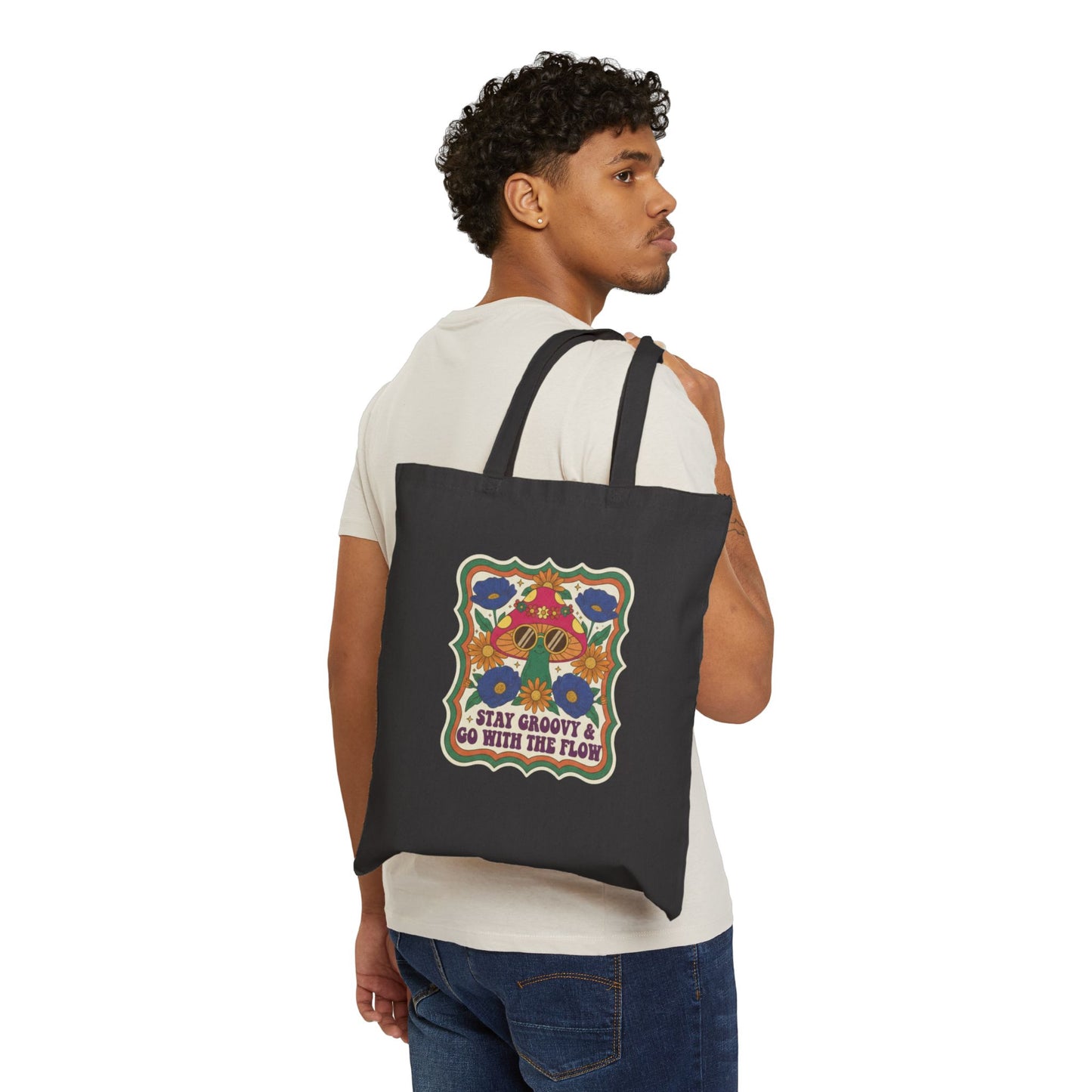 Retro Mushroom Canvas Tote Bag | 70s Vintage Boho Floral Gift
