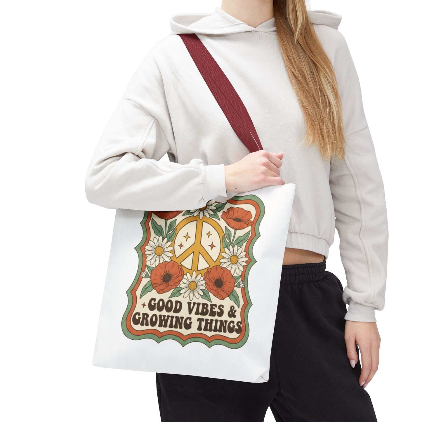 🌿 Retro Floral Tote Bag – “Good Vibes & Growing Things