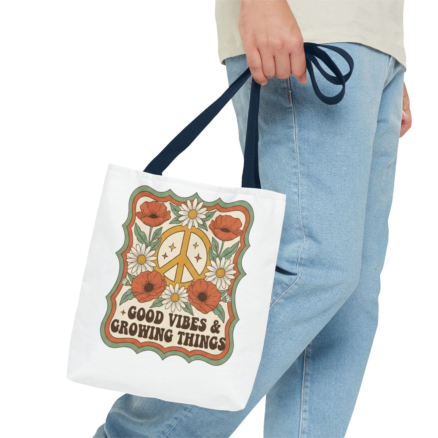 🌿 Retro Floral Tote Bag – “Good Vibes & Growing Things