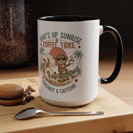 Coffee Mug “Surf’s Up Sunrise: Coconut & Caffeine” Tropical Surf Monkey Accent Mug