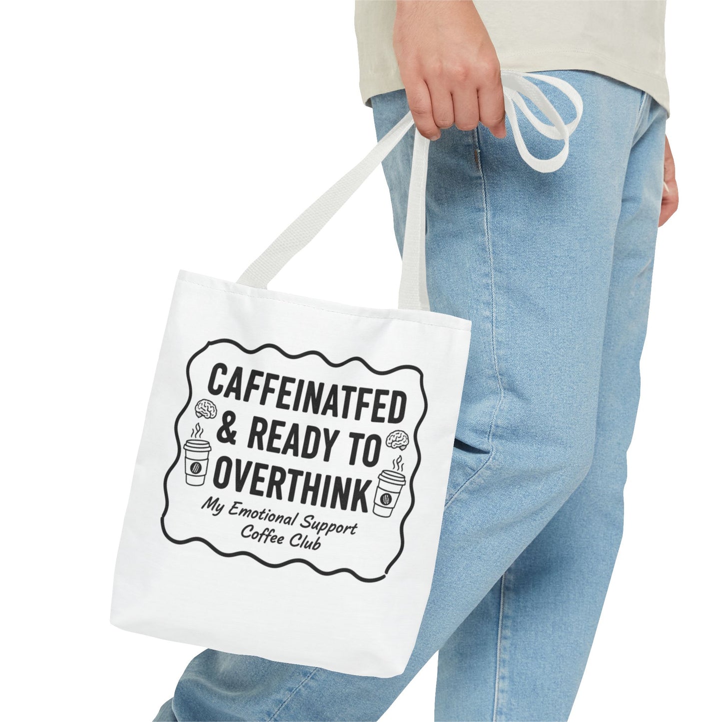 Caffeinated & Ready to Overthink Tote Bag | Funny Coffee Lover Gift | Sarcastic Aesthetic Canvas Tote for Students