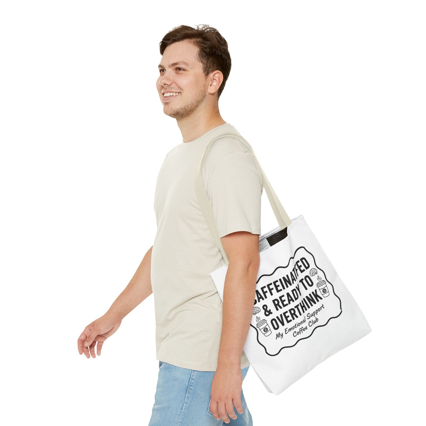 Caffeinated & Ready to Overthink Tote Bag | Funny Coffee Lover Gift | Sarcastic Aesthetic Canvas Tote for Students