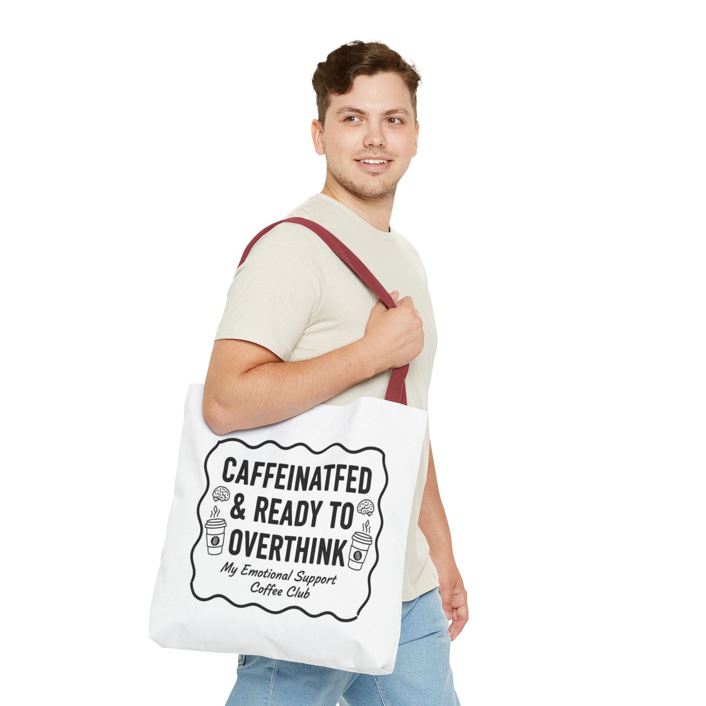 Caffeinated & Ready to Overthink Tote Bag | Funny Coffee Lover Gift | Sarcastic Aesthetic Canvas Tote for Students