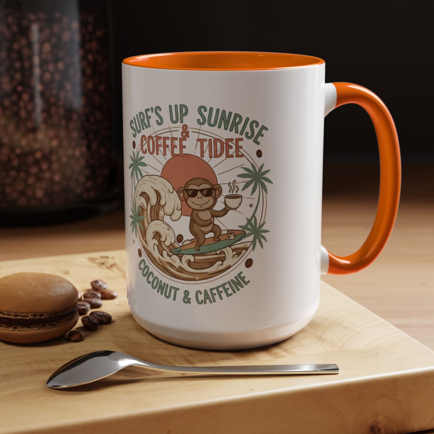 Coffee Mug “Surf’s Up Sunrise: Coconut & Caffeine” Tropical Surf Monkey Accent Mug