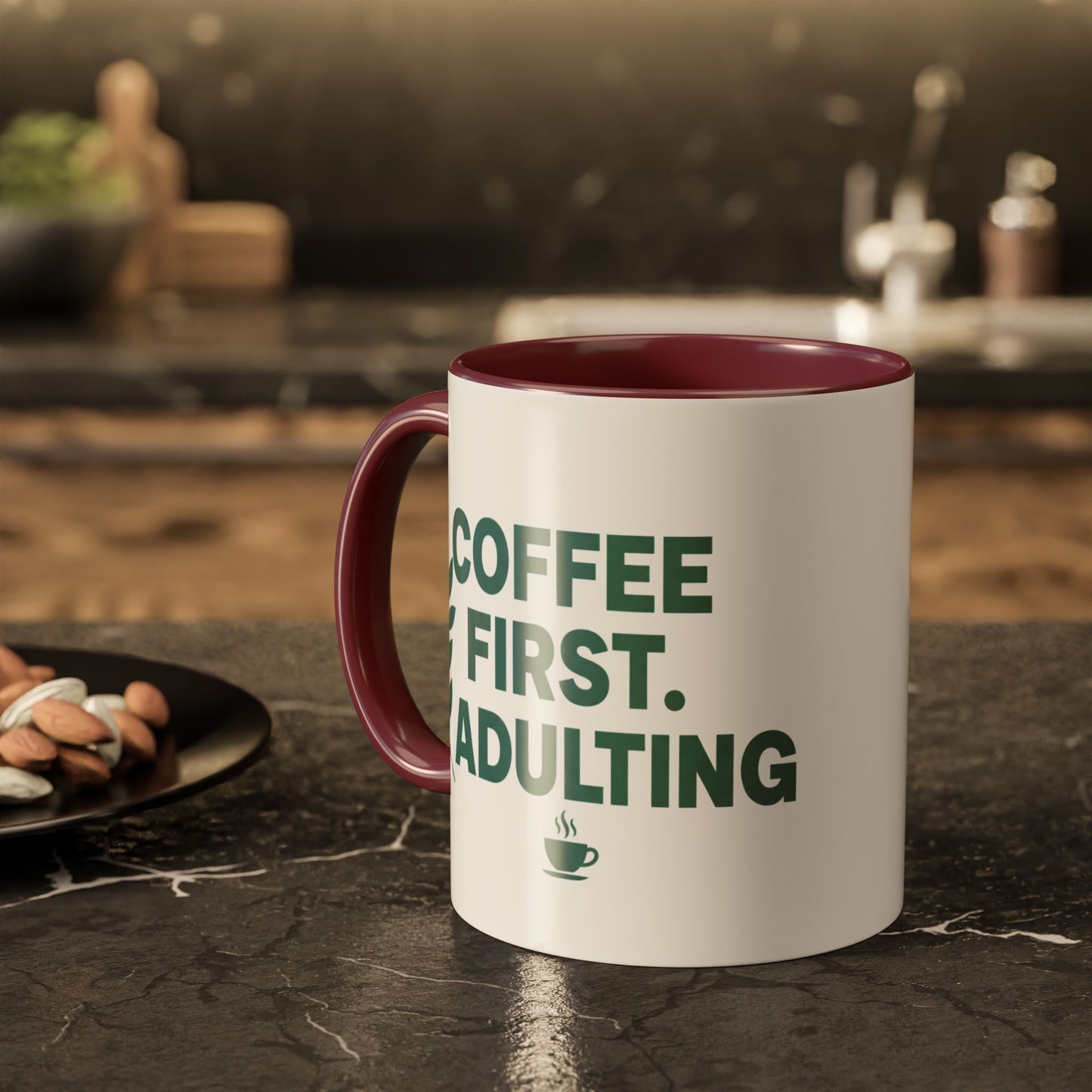 Funny Coffee Mug "Coffee First, Adulting Later" Color Accent Ceramic Mug