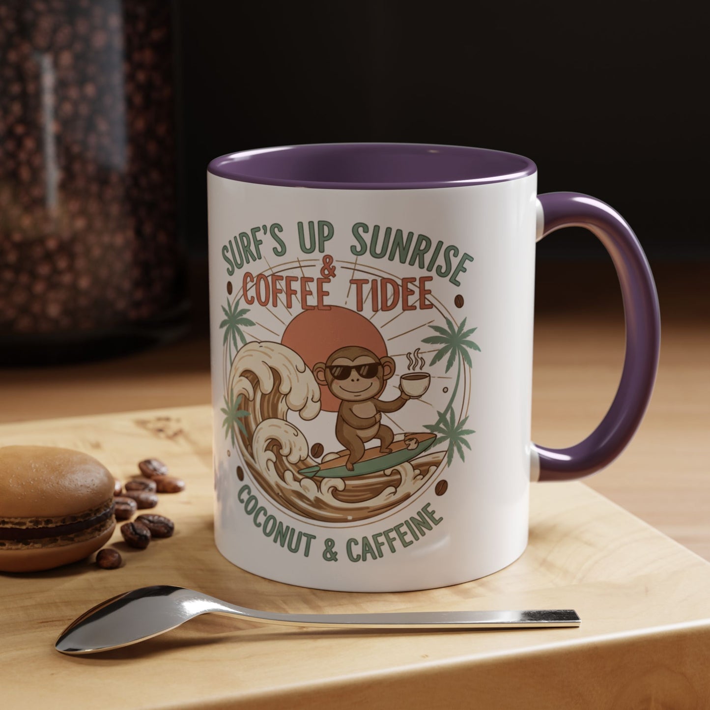 Coffee Mug “Surf’s Up Sunrise: Coconut & Caffeine” Tropical Surf Monkey Accent Mug