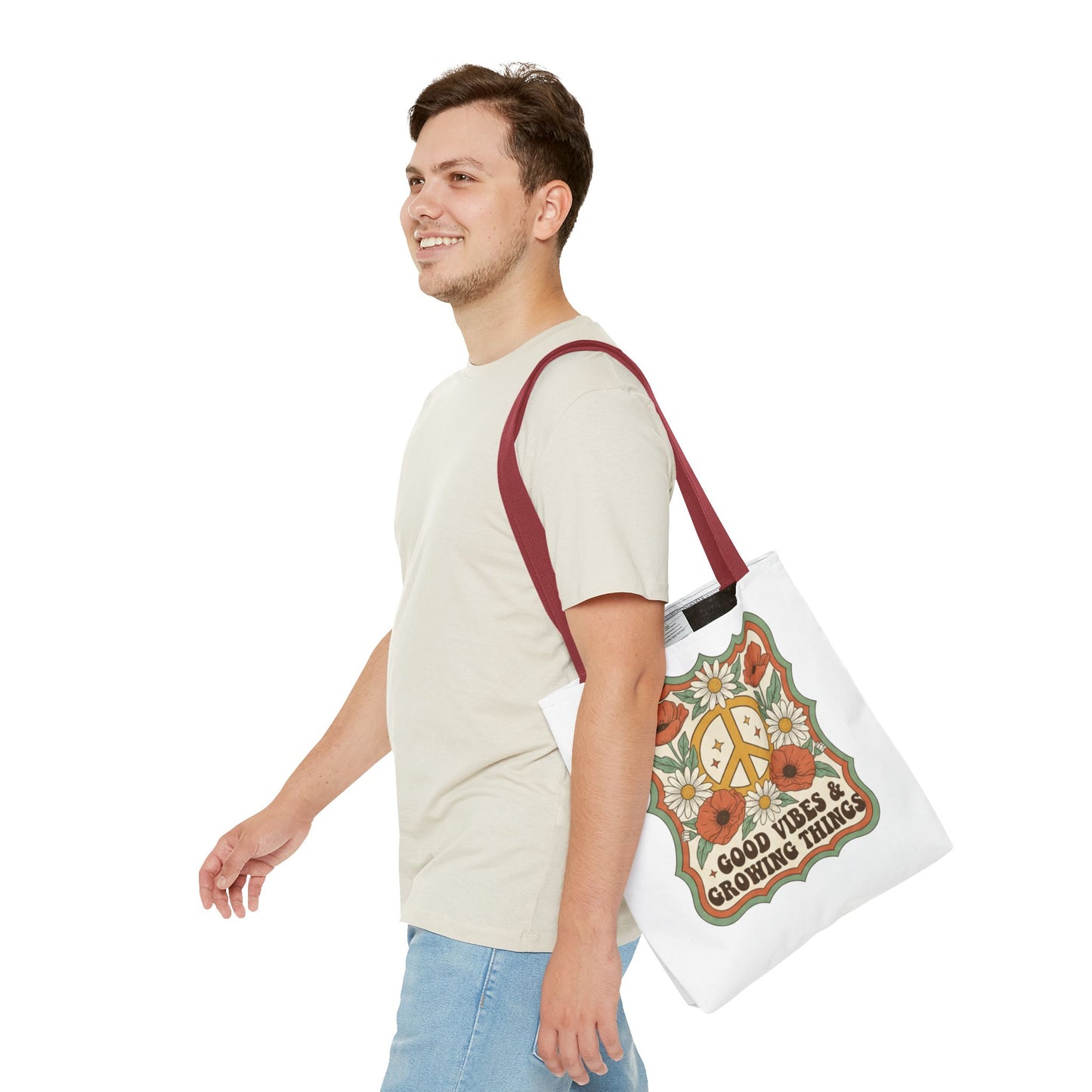🌿 Retro Floral Tote Bag – “Good Vibes & Growing Things