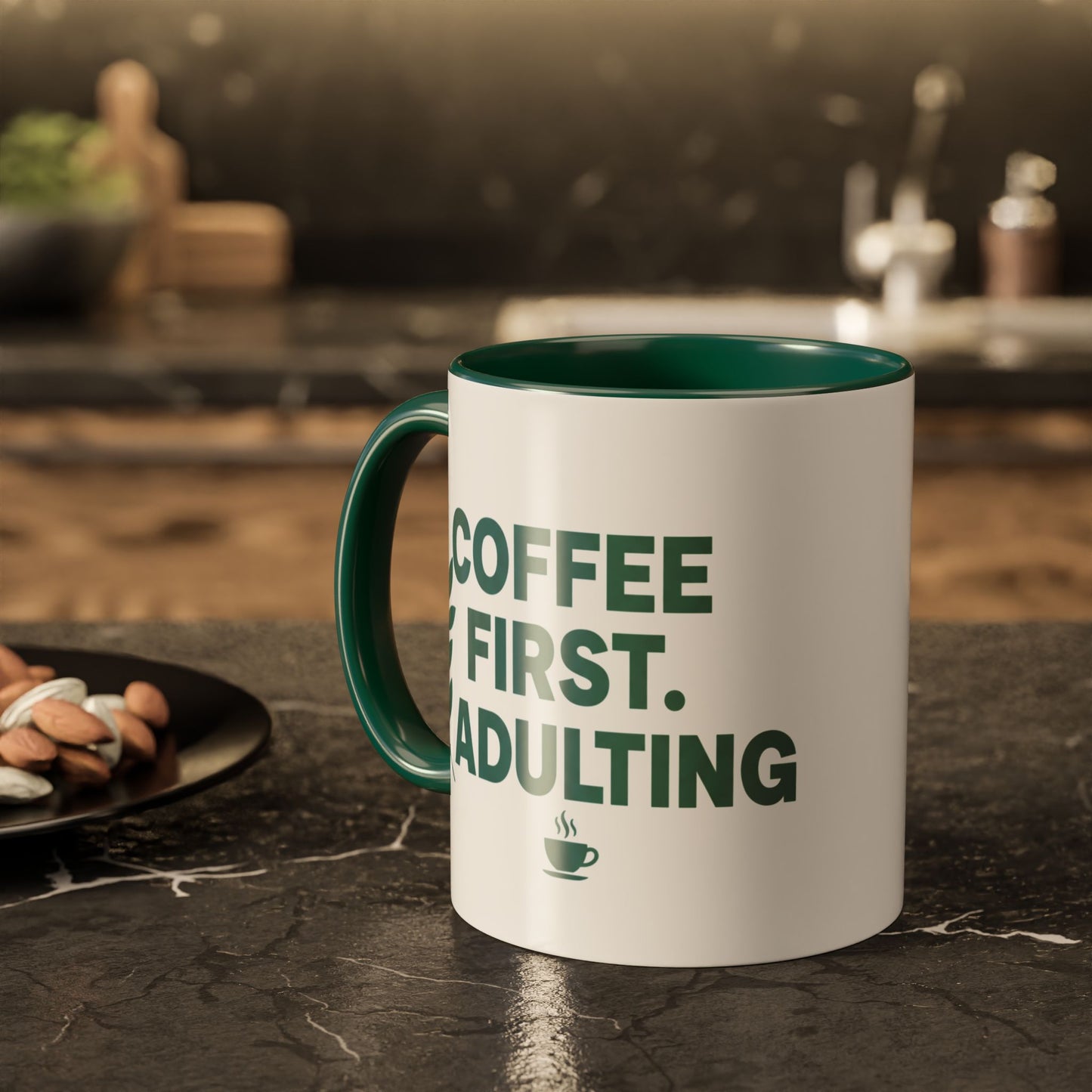 Funny Coffee Mug "Coffee First, Adulting Later" Color Accent Ceramic Mug