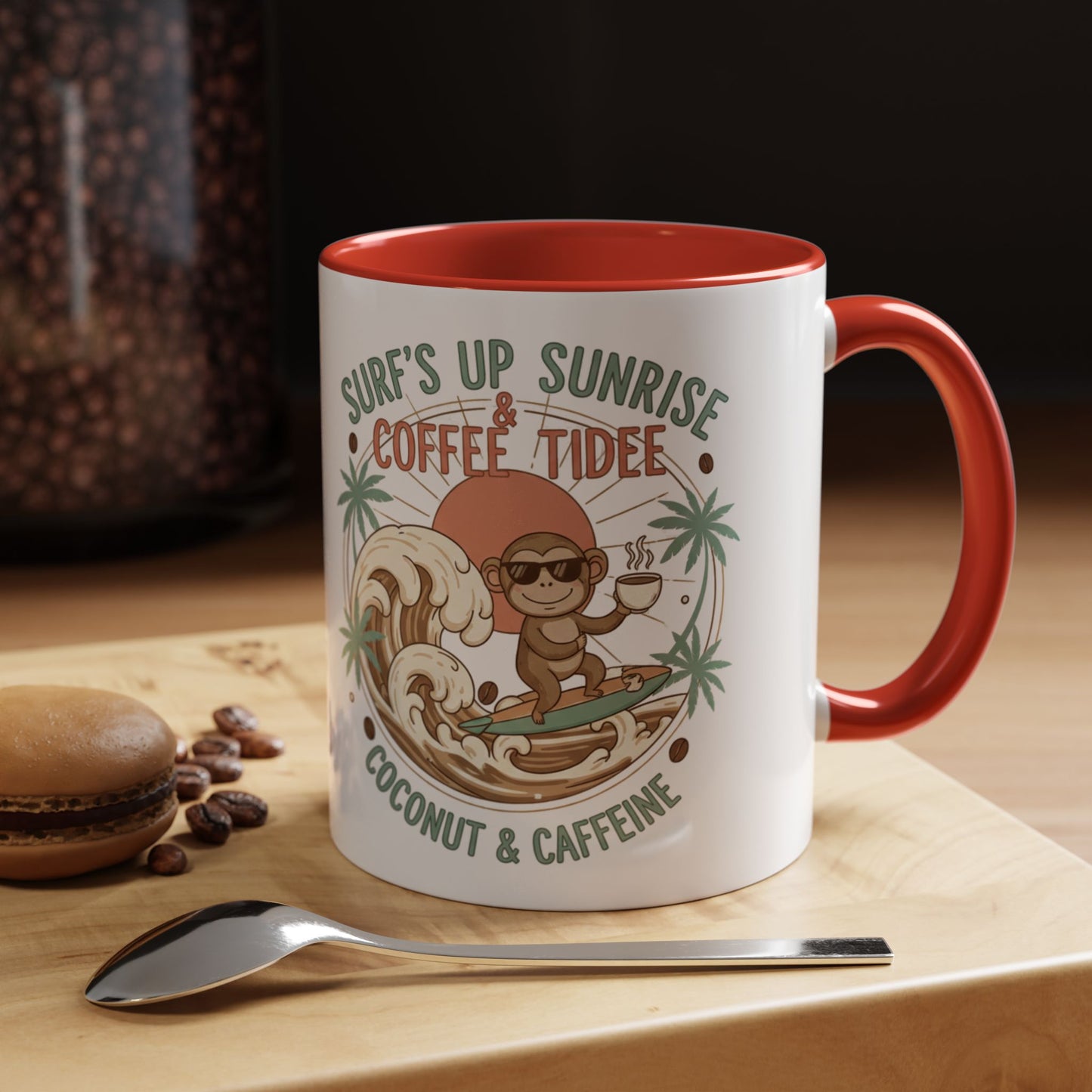 Coffee Mug “Surf’s Up Sunrise: Coconut & Caffeine” Tropical Surf Monkey Accent Mug