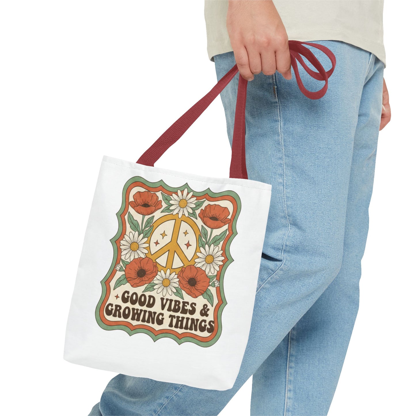 🌿 Retro Floral Tote Bag – “Good Vibes & Growing Things