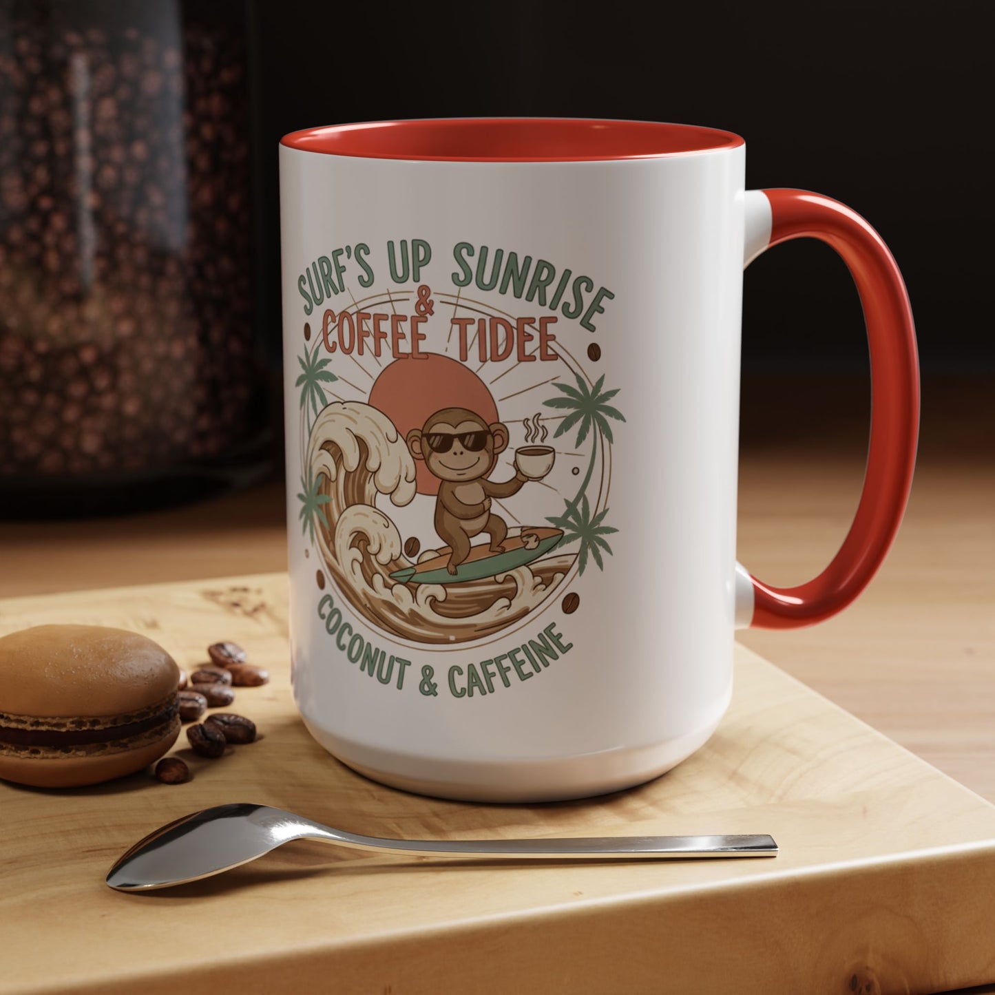 Coffee Mug “Surf’s Up Sunrise: Coconut & Caffeine” Tropical Surf Monkey Accent Mug