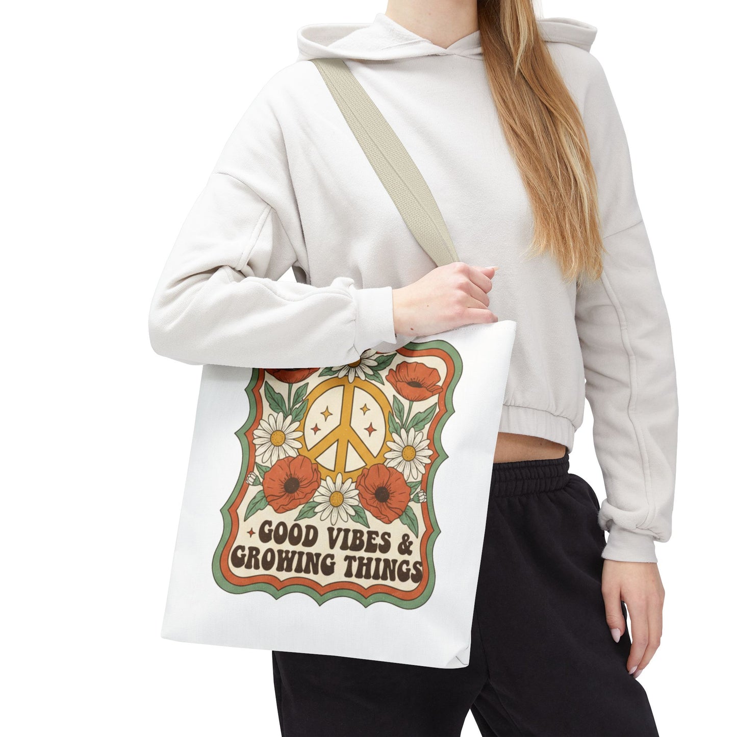 🌿 Retro Floral Tote Bag – “Good Vibes & Growing Things