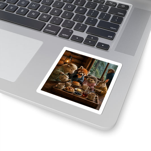 Cozy Woodland Tea Party Kiss-Cut Sticker — Red Panda, Bunny & Friends