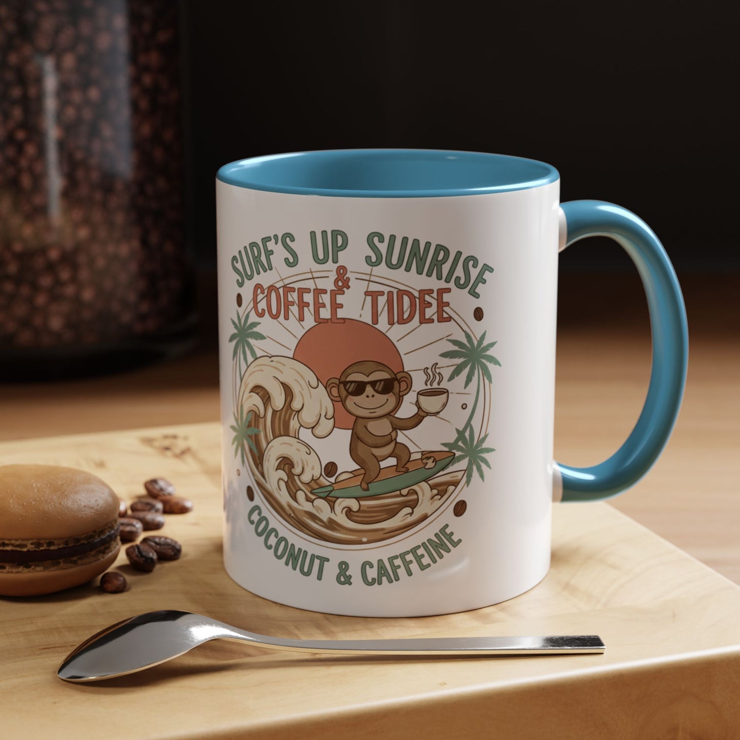 Coffee Mug “Surf’s Up Sunrise: Coconut & Caffeine” Tropical Surf Monkey Accent Mug