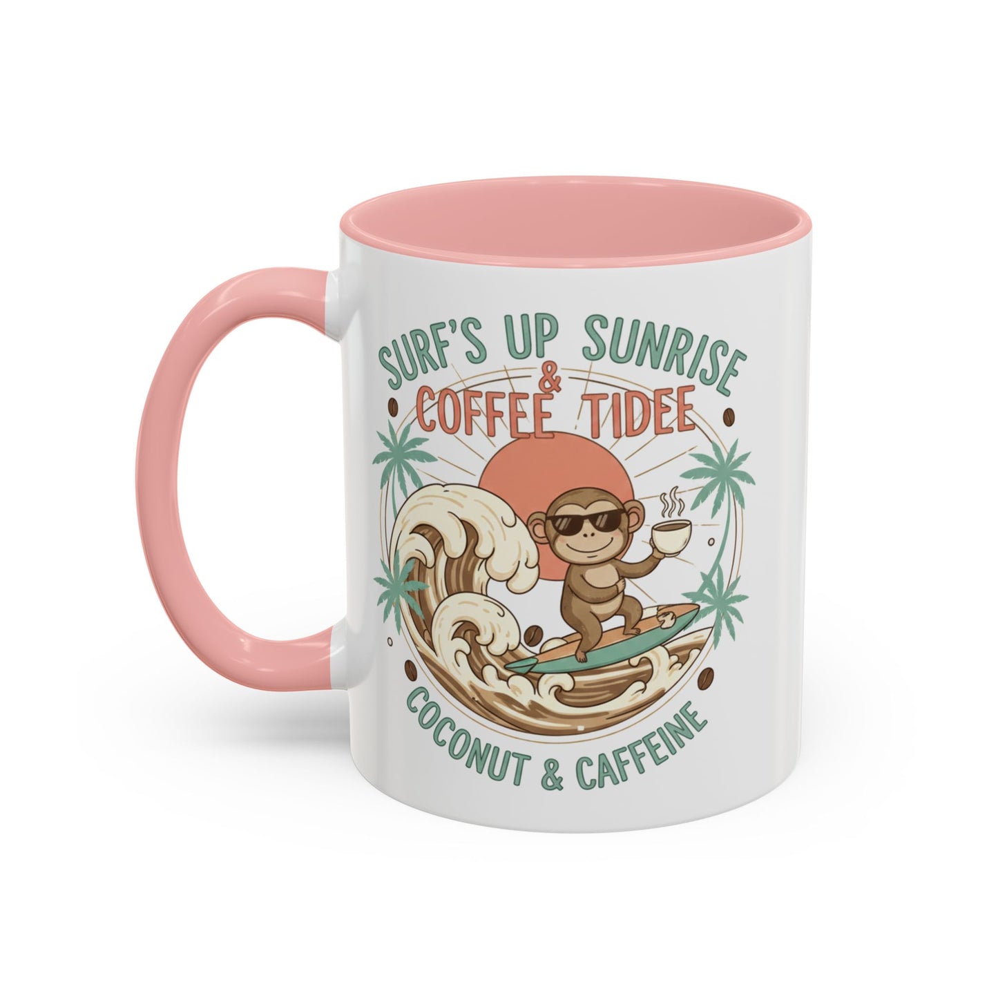 Coffee Mug “Surf’s Up Sunrise: Coconut & Caffeine” Tropical Surf Monkey Accent Mug