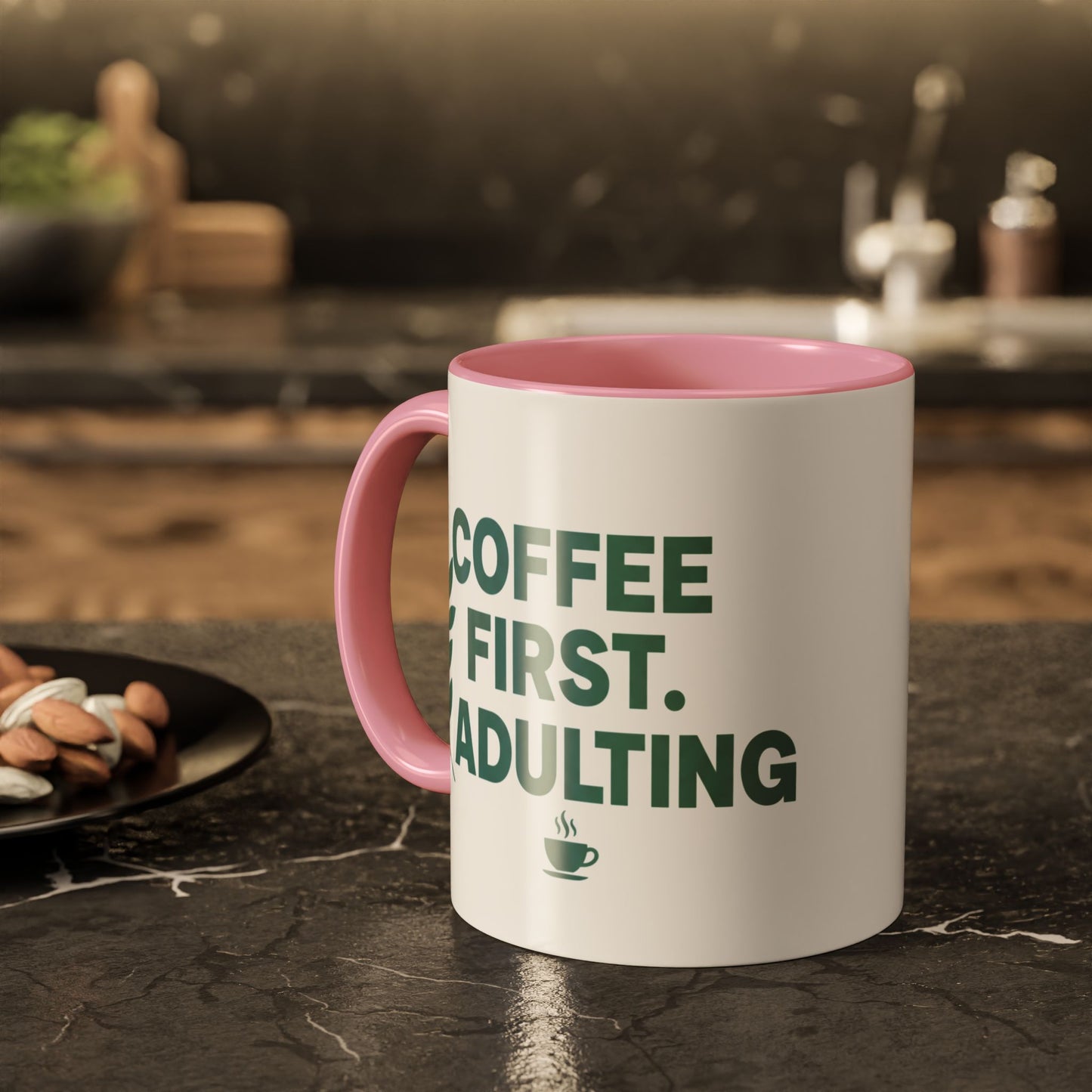 Funny Coffee Mug "Coffee First, Adulting Later" Color Accent Ceramic Mug