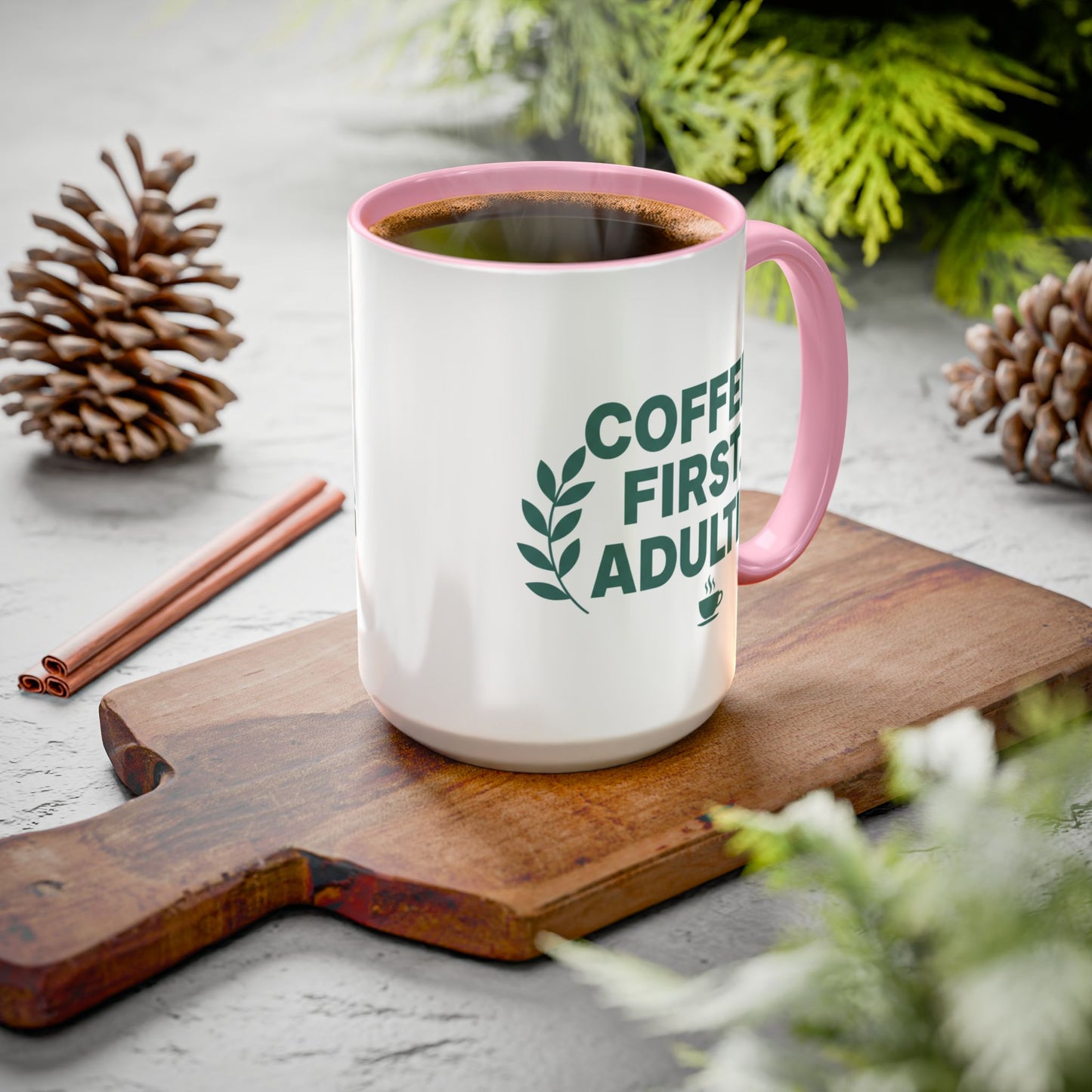 Funny Coffee Mug "Coffee First, Adulting Later" Color Accent Ceramic Mug