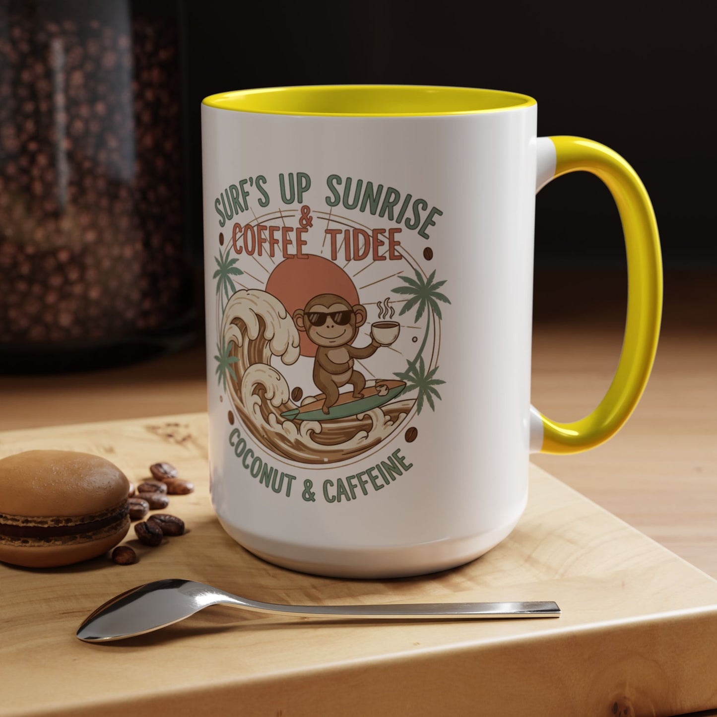 Coffee Mug “Surf’s Up Sunrise: Coconut & Caffeine” Tropical Surf Monkey Accent Mug